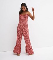 New Look Red Floral Strappy Ruffle Hem Wide Leg Jumpsuit